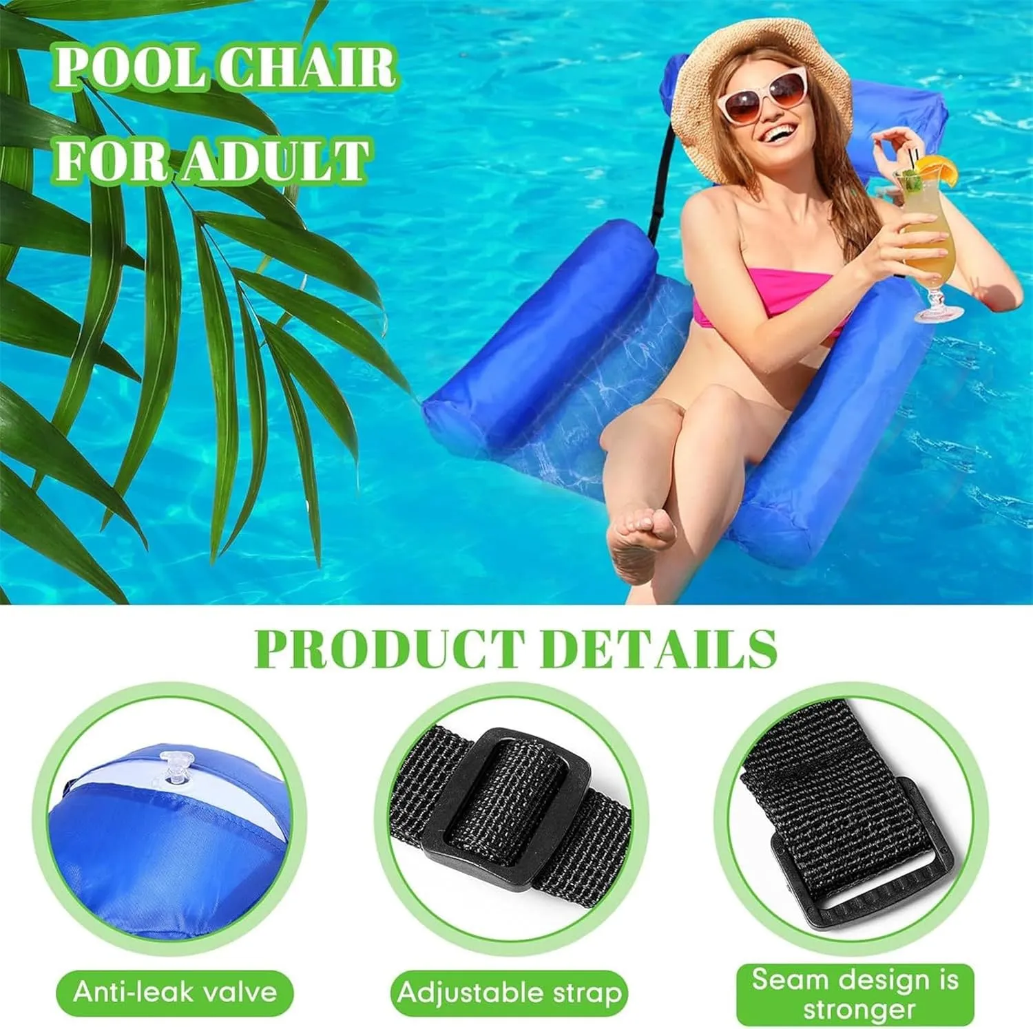 Inflatable Swimming Chair, Foldable Water Amusement Floating Lounge Chair, Swimming Pool Float Lounge, Portable Relaxation Lounger Inflatable Floating Bed for Swimming Pool Beach