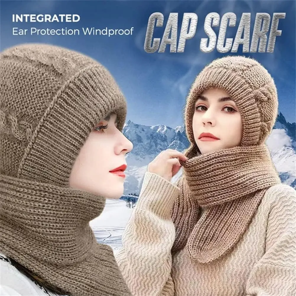 Integrated Ear Protection Windproof Cap Scarf, Knitting Thick Warm Ear Guard Hat, Hooded Scarf, Women Winter Knitted Hat (Pink Grey)