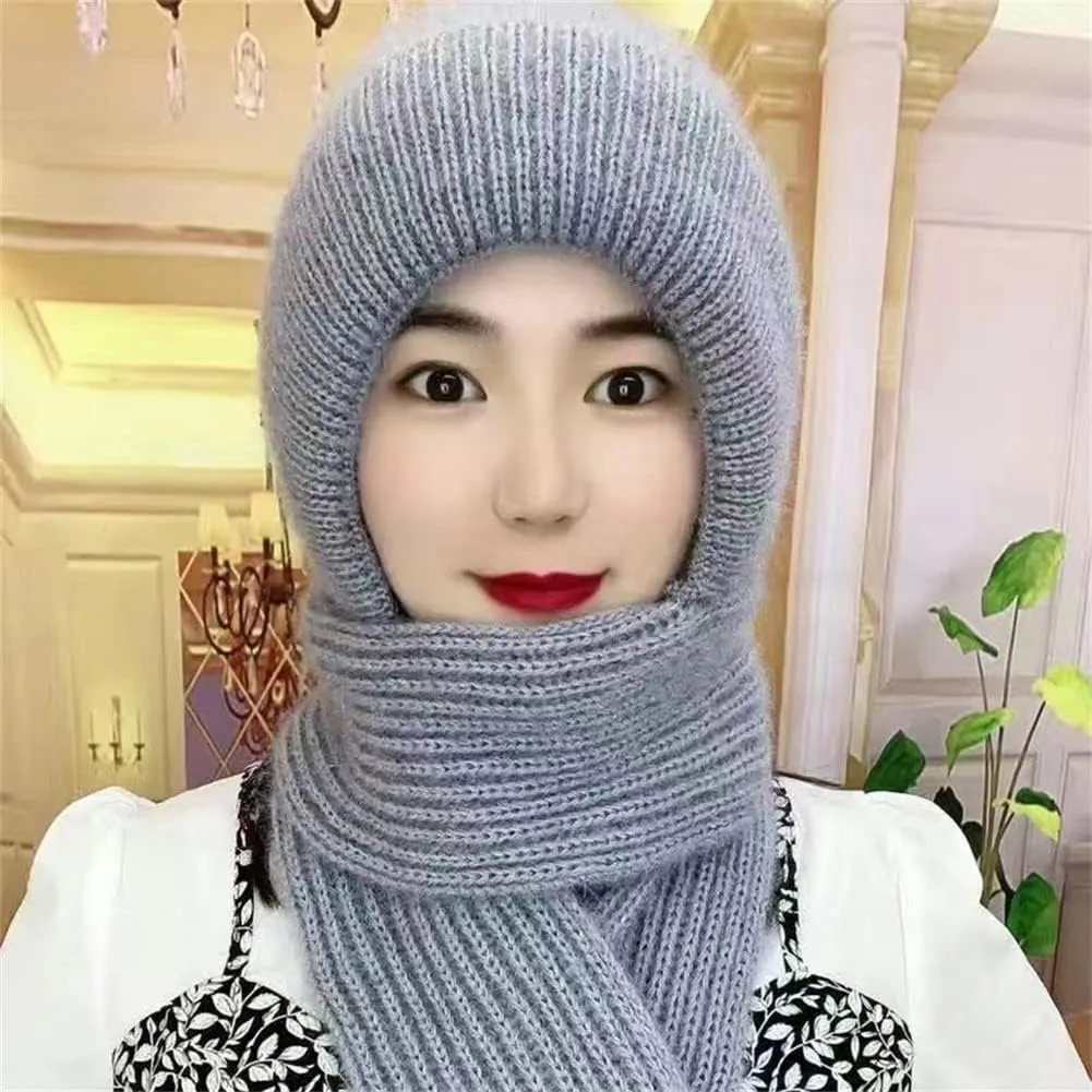 Integrated Ear Protection Windproof Cap Scarf, Knitting Thick Warm Ear Guard Hat, Hooded Scarf, Women Winter Knitted Hat (Pink Grey)