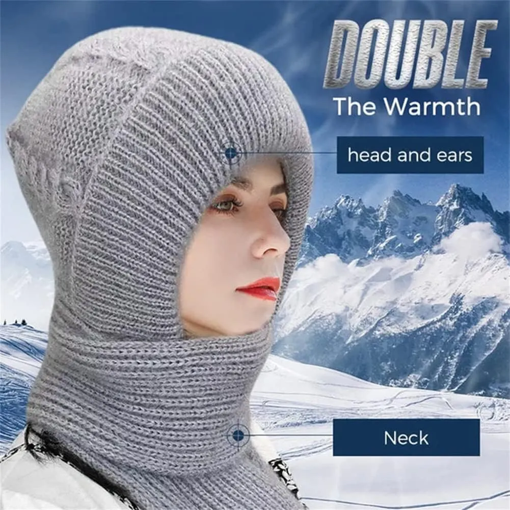 Integrated Ear Protection Windproof Cap Scarf, Knitting Thick Warm Ear Guard Hat, Hooded Scarf, Women Winter Knitted Hat (Pink Grey)