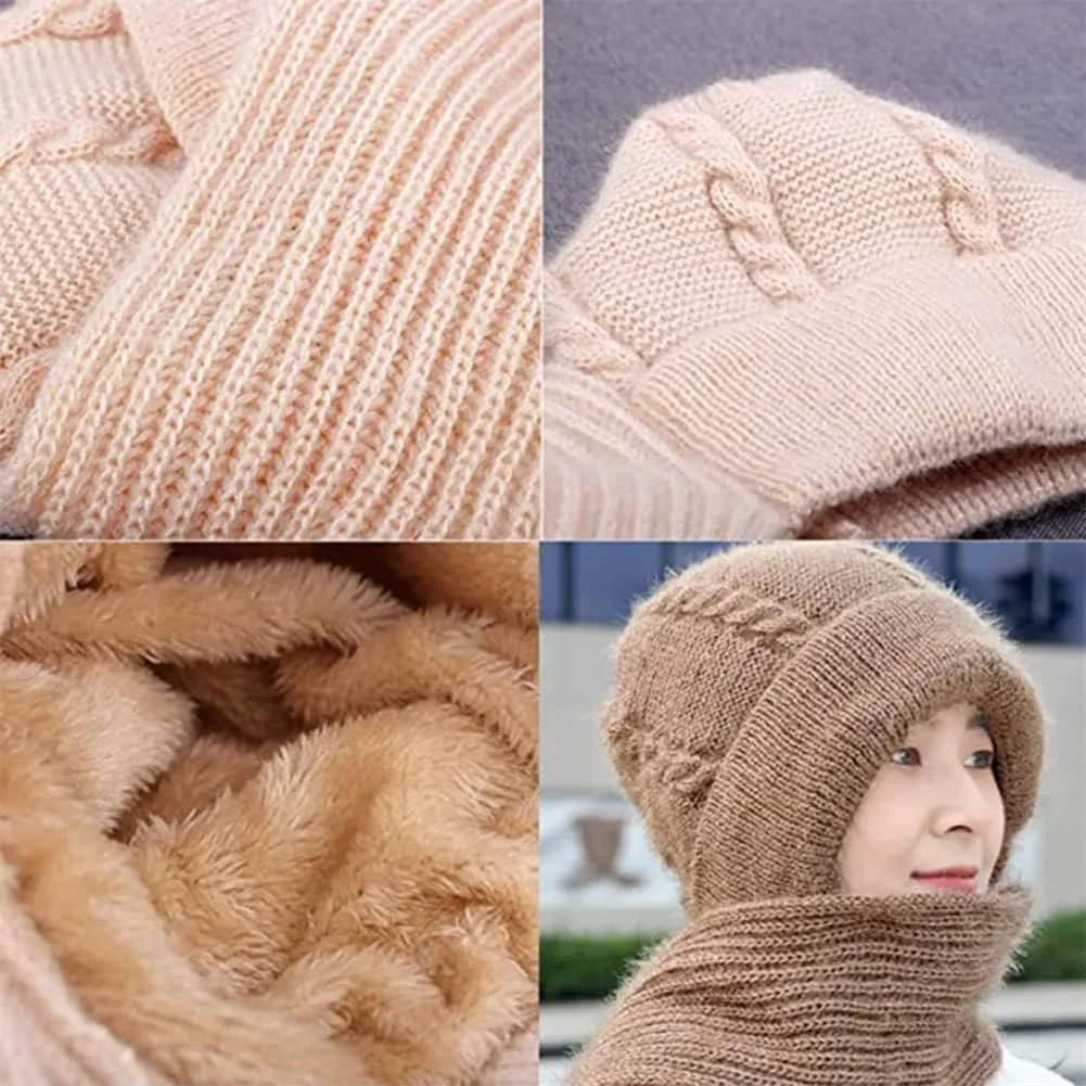 Integrated Ear Protection Windproof Cap Scarf, Knitting Thick Warm Ear Guard Hat, Hooded Scarf, Women Winter Knitted Hat (Pink Grey)