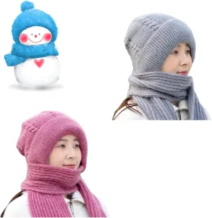 Integrated Ear Protection Windproof Cap Scarf, Knitting Thick Warm Ear Guard Hat, Hooded Scarf, Women Winter Knitted Hat (Pink Grey)