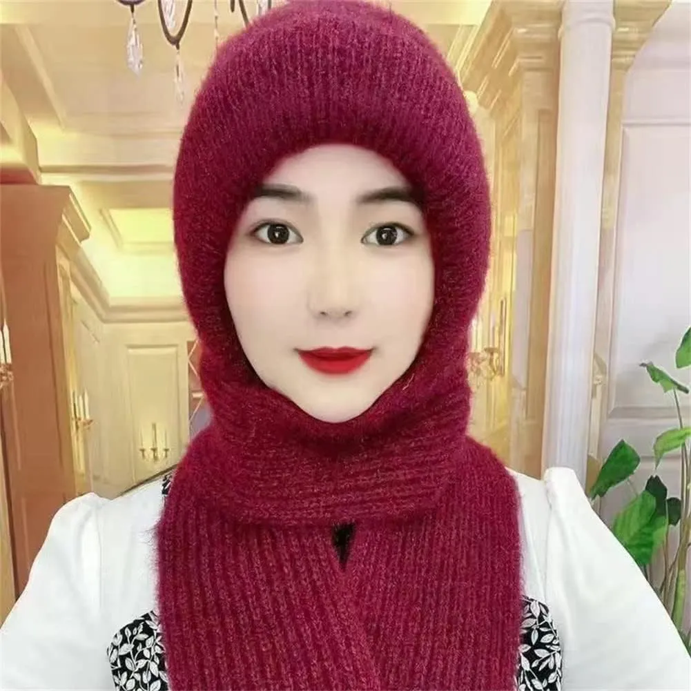 Integrated Ear Protection Windproof Cap Scarf, Knitting Thick Warm Ear Guard Hat, Hooded Scarf, Women Winter Knitted Hat (Pink Grey)