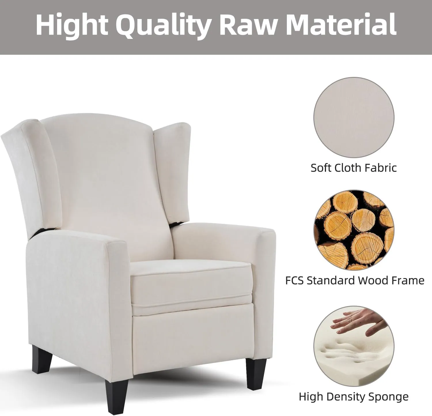 INZOY Wingback Pushback Recliner Chair, Fabric Push Back Recliners with Padded Seat, Mid Century Modern Reclining Chair for Living Room Bedroom, White