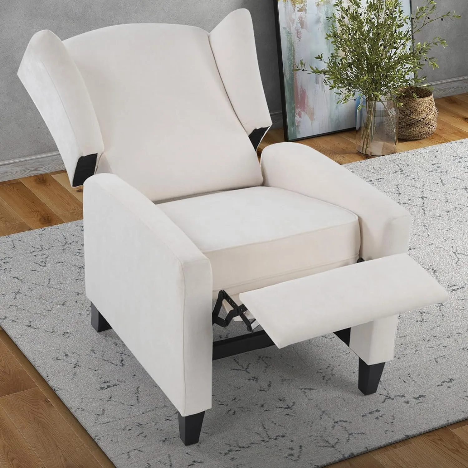INZOY Wingback Pushback Recliner Chair, Fabric Push Back Recliners with Padded Seat, Mid Century Modern Reclining Chair for Living Room Bedroom, White