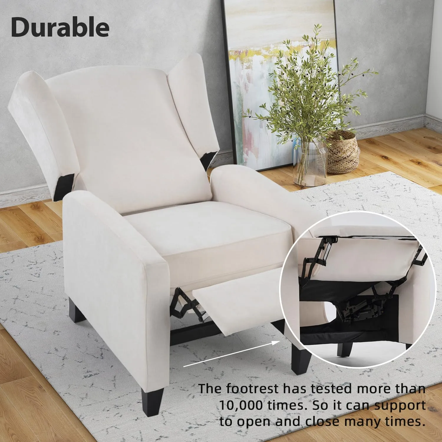 INZOY Wingback Pushback Recliner Chair, Fabric Push Back Recliners with Padded Seat, Mid Century Modern Reclining Chair for Living Room Bedroom, White