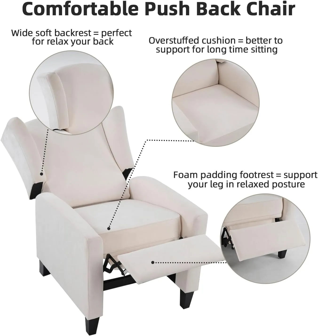 INZOY Wingback Pushback Recliner Chair, Fabric Push Back Recliners with Padded Seat, Mid Century Modern Reclining Chair for Living Room Bedroom, White