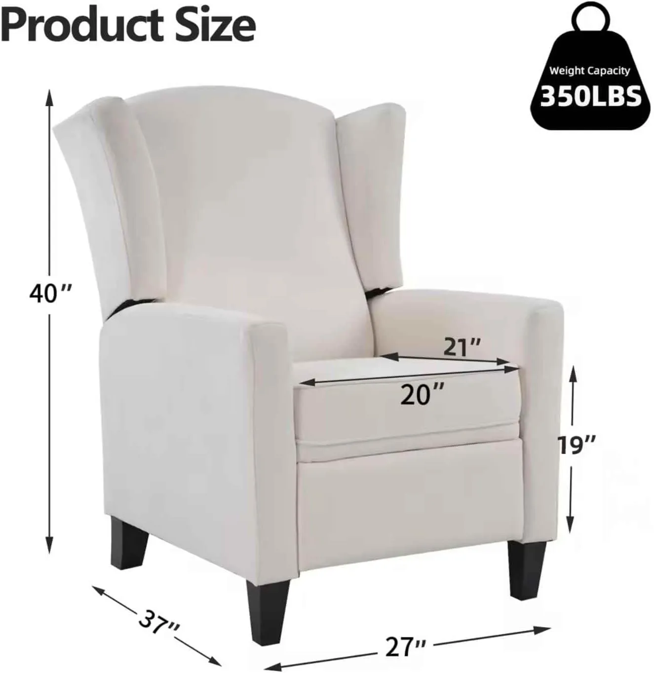 INZOY Wingback Pushback Recliner Chair, Fabric Push Back Recliners with Padded Seat, Mid Century Modern Reclining Chair for Living Room Bedroom, White