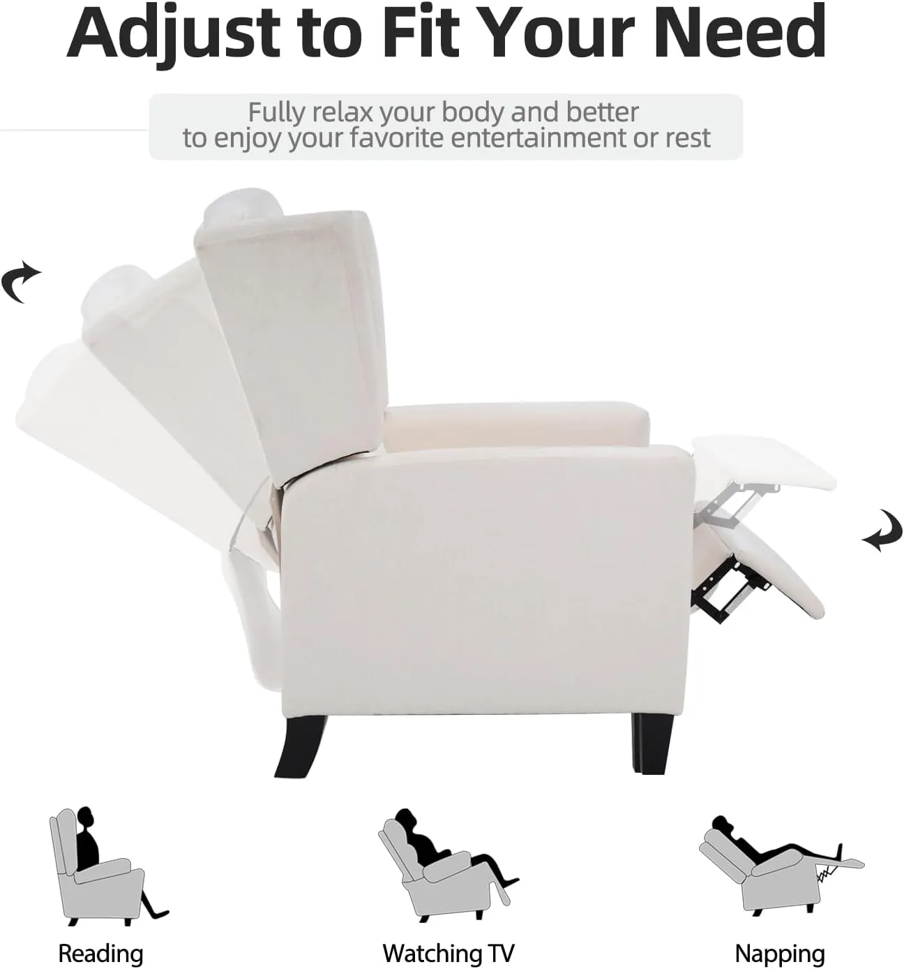 INZOY Wingback Pushback Recliner Chair, Fabric Push Back Recliners with Padded Seat, Mid Century Modern Reclining Chair for Living Room Bedroom, White