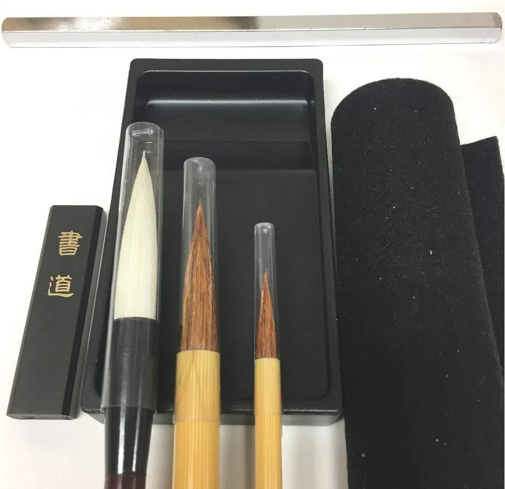 Japanese calligraphy set 9 parts | Shodo calligraphy pen (three brushes) and paper, inkstone and ink stick, non slip underlay, Paperweight, with clear case (Dark Blue edge/Clear case)