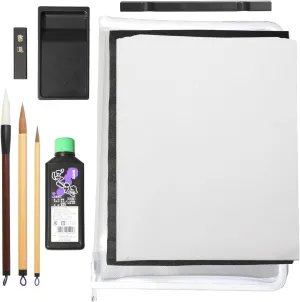 Japanese calligraphy set 9 parts, Shodo calligraphy pen (three brushes) and paper, inkstone and ink stick, non slip underlay, Paperweight, with clear case (White edge/Clear case)
