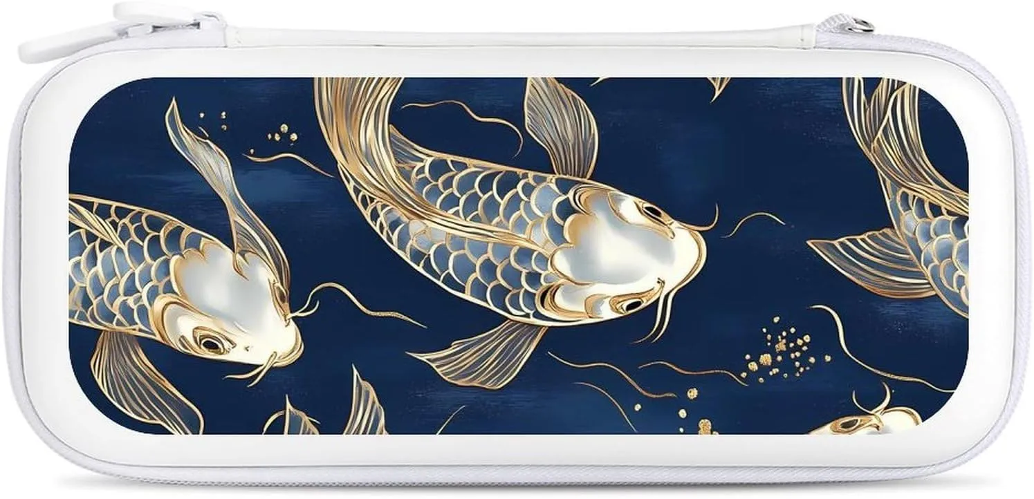 Japanese Fish Gold Navy Blue Compatible with Switch Carrying Case Hard Travel Game Bag Pouch with 15 Games Accessories