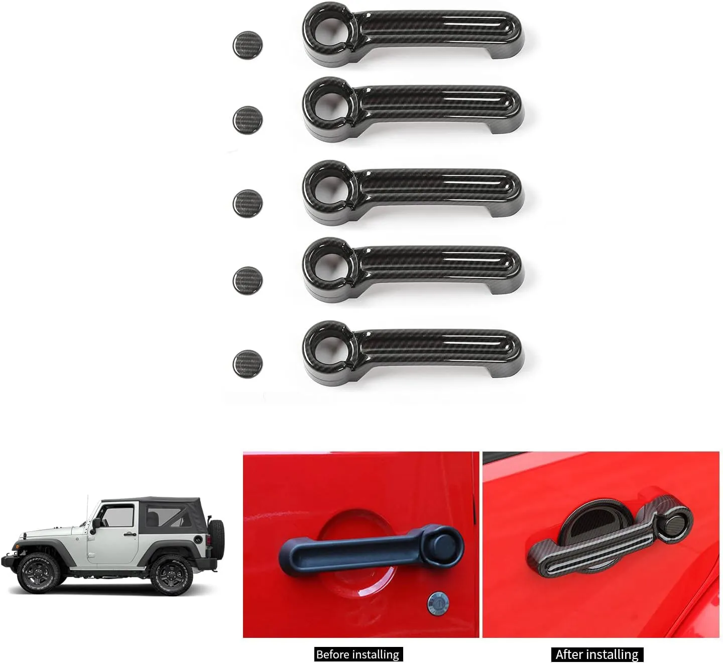 JeCar Door Handle Cover & Tailgate Handle Cover ABS Exterior Trim Kits for 2007-2018 Jeep Wrangler JK JKU/ 2008-2012 Jeep Liberty / 2007-2011 Dodge Nitro, Carbon Fiber Texture