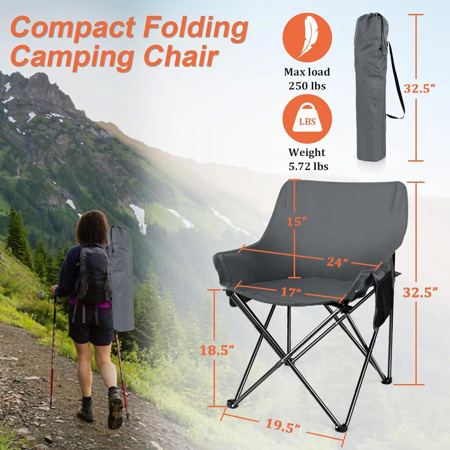 Joyfair Outdoor Camping Chair for Adult, Large Portable Folding Moon Chairs with Carry Bag for Patio Beach, Fishing, Lawn and More Outdoor Sports, 600D Oxford Fabric & Heavy Duty Steel (1, Grey)