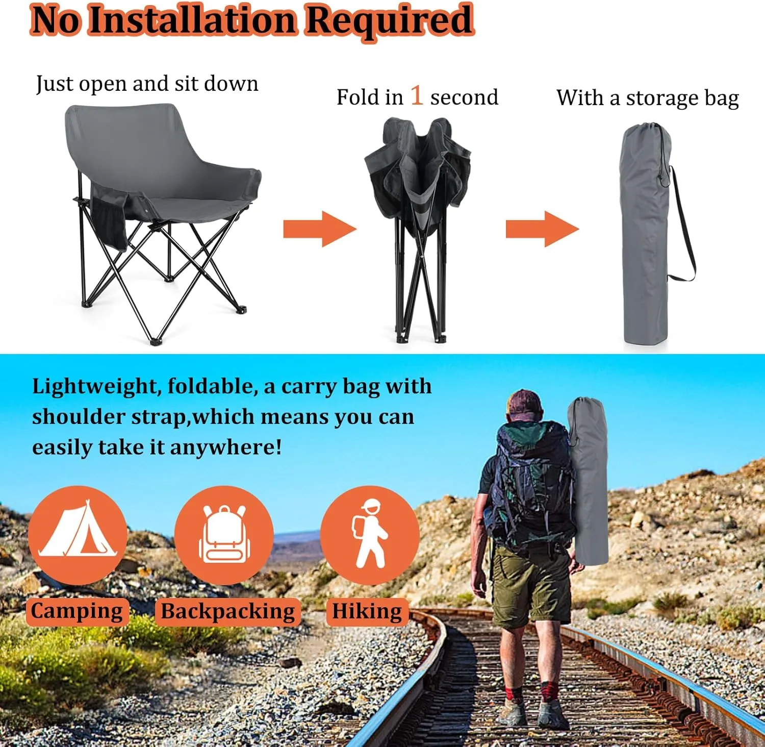 Joyfair Outdoor Camping Chair for Adult, Large Portable Folding Moon Chairs with Carry Bag for Patio Beach, Fishing, Lawn and More Outdoor Sports, 600D Oxford Fabric & Heavy Duty Steel (1, Grey)
