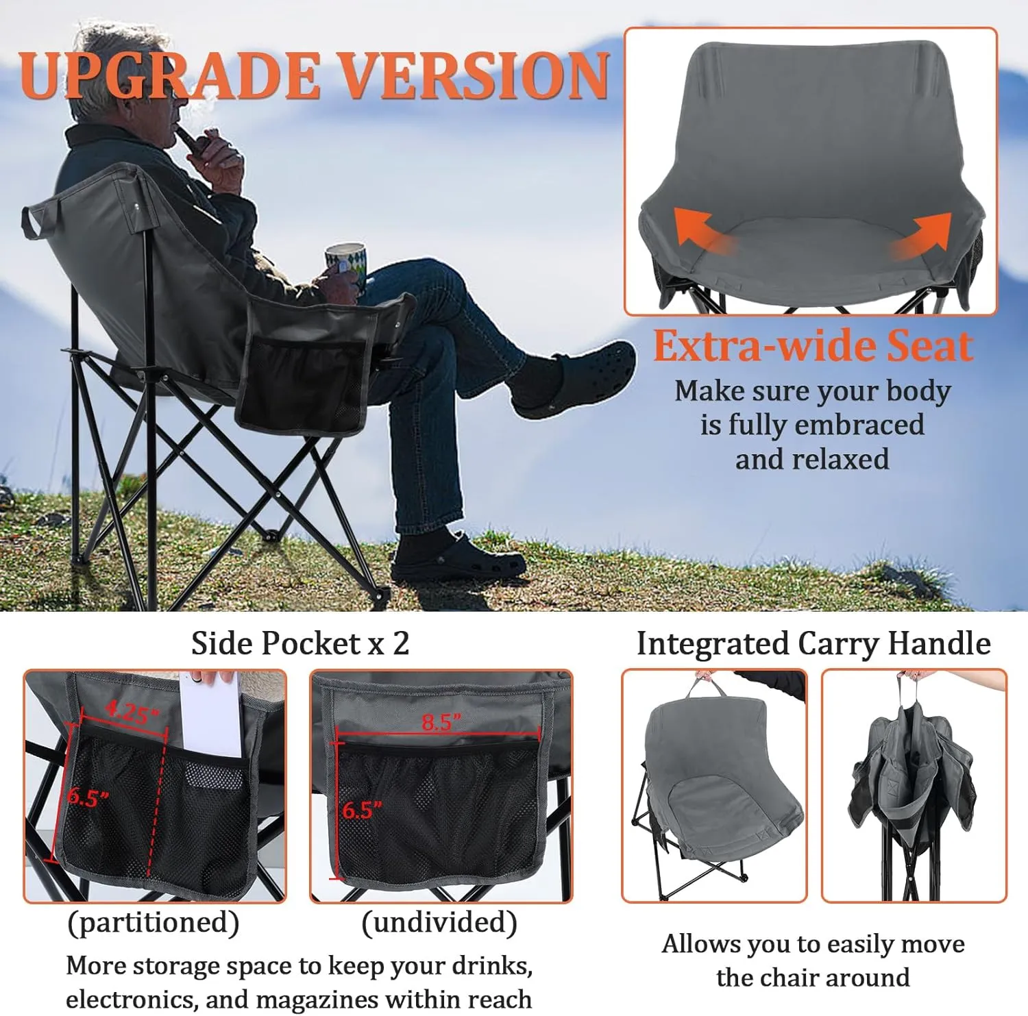 Joyfair Outdoor Camping Chair for Adult, Large Portable Folding Moon Chairs with Carry Bag for Patio Beach, Fishing, Lawn and More Outdoor Sports, 600D Oxford Fabric & Heavy Duty Steel (1, Grey)