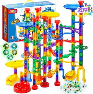 JOYIN 207Pcs Glowing Marble Run, Construction Building Blocks Toys with 5 Glow in The Dark Glass Marbles, STEM Toy for Boys and Girls, Educational Toy(147 Plastic Pieces   60 Glass Marbles)