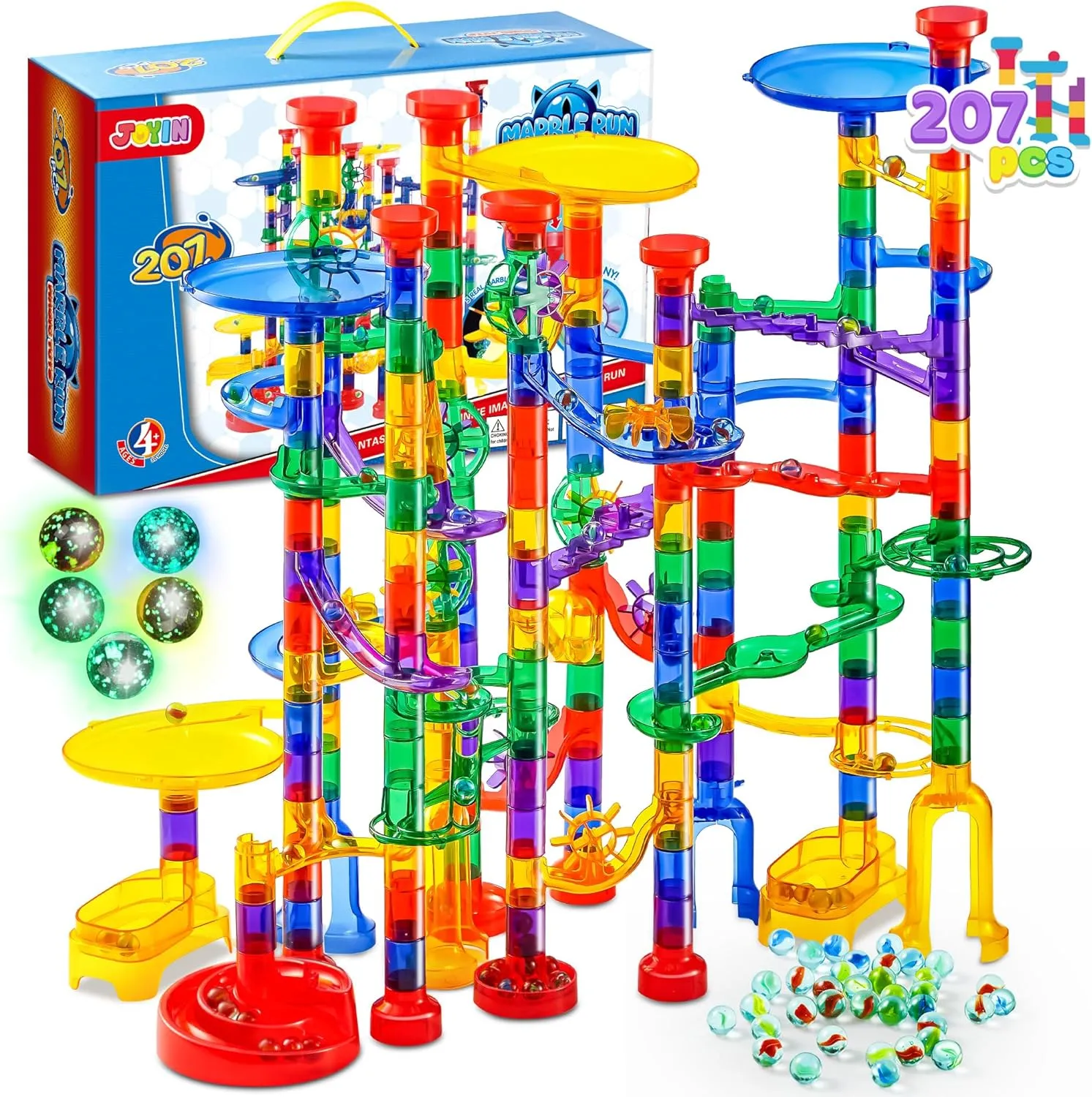 JOYIN 207Pcs Glowing Marble Run, Construction Building Blocks Toys with 5 Glow in The Dark Glass Marbles, STEM Toy for Boys and Girls, Educational Toy(147 Plastic Pieces   60 Glass Marbles)