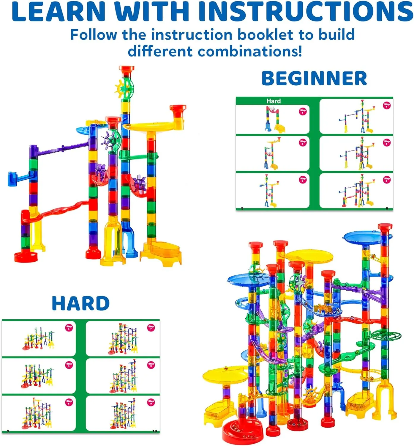JOYIN 207Pcs Glowing Marble Run, Construction Building Blocks Toys with 5 Glow in The Dark Glass Marbles, STEM Toy for Boys and Girls, Educational Toy(147 Plastic Pieces   60 Glass Marbles)