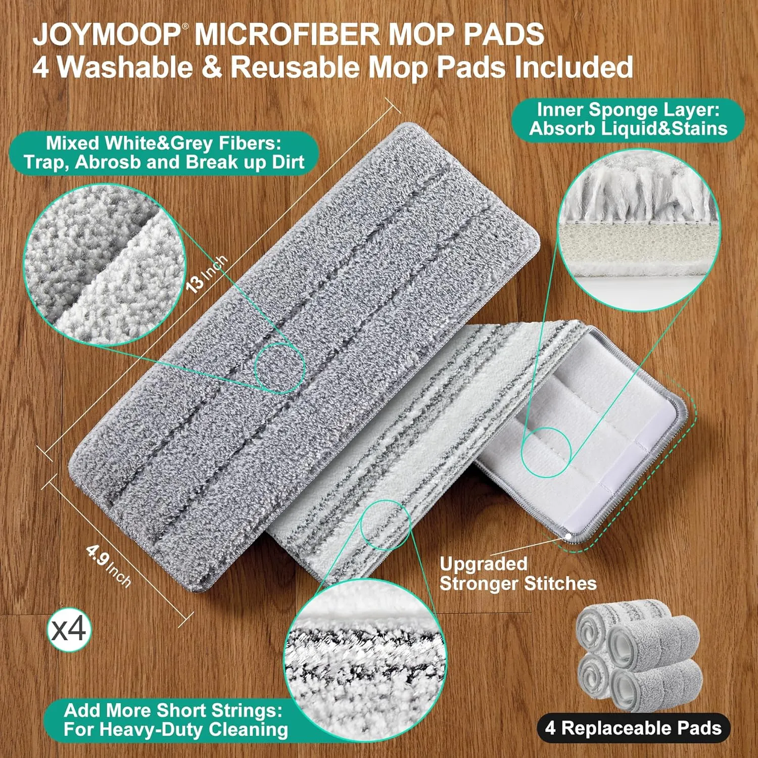 JOYMOOP Mop and Bucket Set with Wringer, Flat Mops for Floor Cleaning, Wall Mop Cleaner with Long Handle, Hardwood Floor Mop with 4 Microfiber Pads