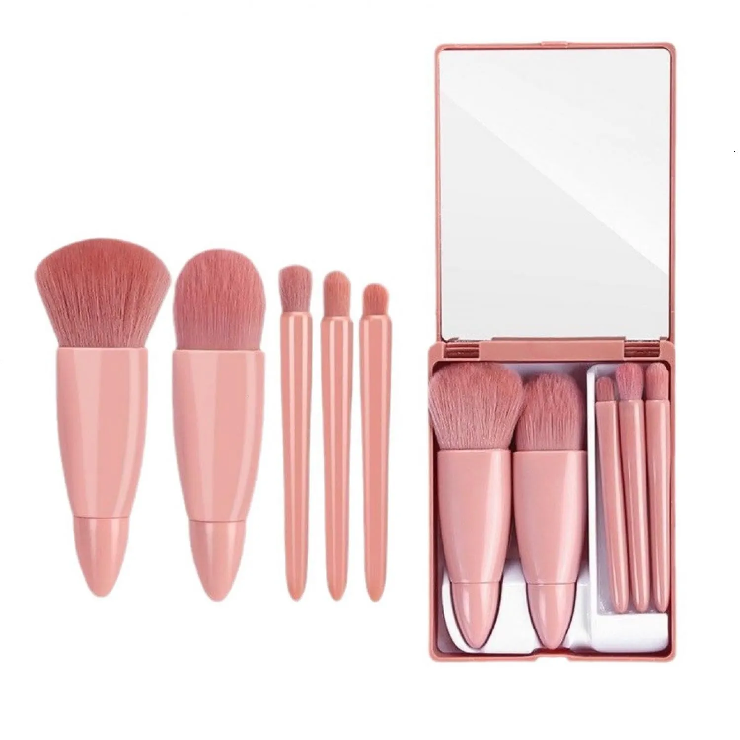 June Fox Travel Makeup Brush Set, 5pcs Mini Complete Function Cosmetic Brushes Kit with mirror (Pink)