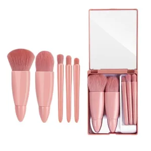 June Fox Travel Makeup Brush Set, 5pcs Mini Complete Function Cosmetic Brushes Kit with mirror (Pink)