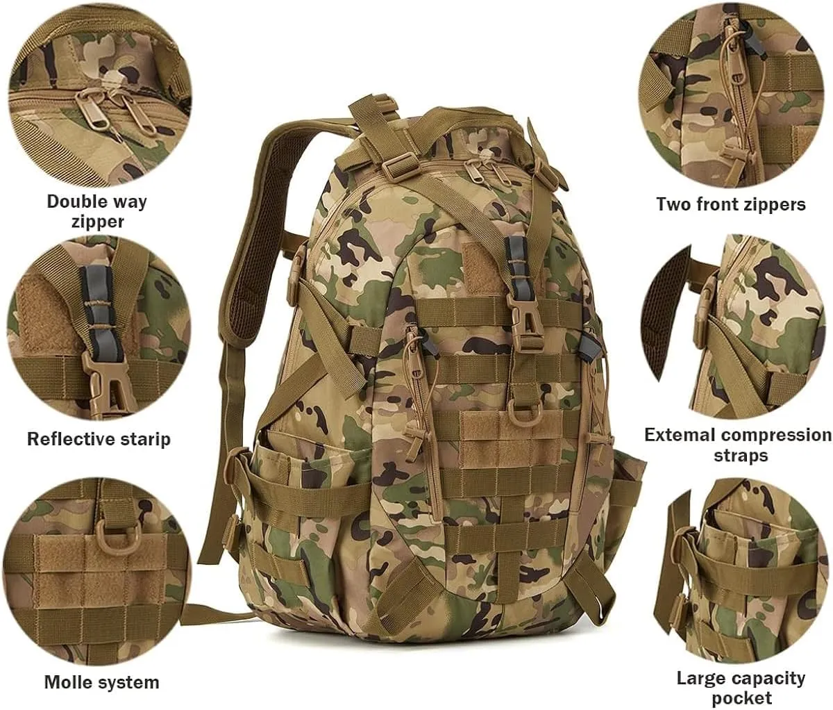 Jungle Leopard 40L Tactical Backpack Men Camping Hiking Bag Reflective Travel Survival MOLLE Climbing Rucksack(CP)