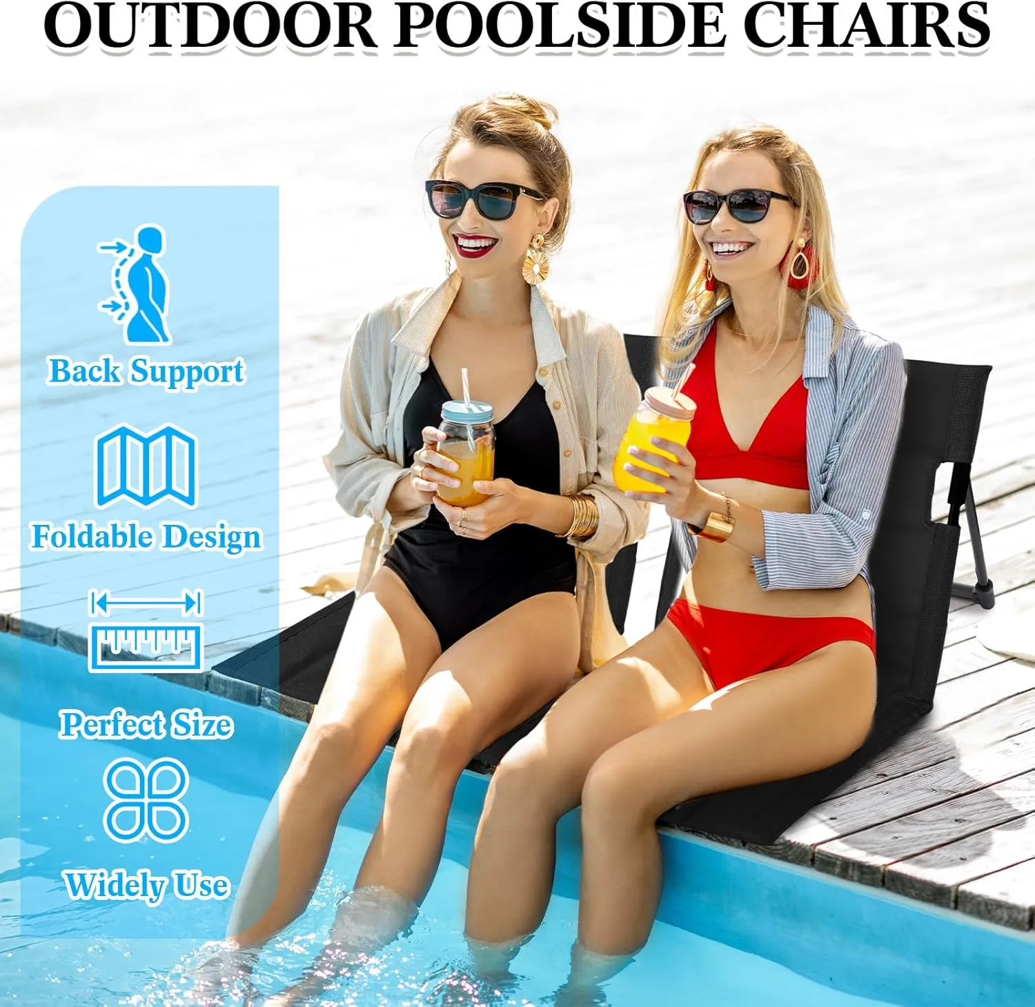 Karenhi 4 Pcs Foldable Pool Chairs Portable Poolside Chairs for Edge of Pool Provides Back Support with Carry Bag Foldable Seat for Poolside Beach Camping Picnic Lawn(Black)