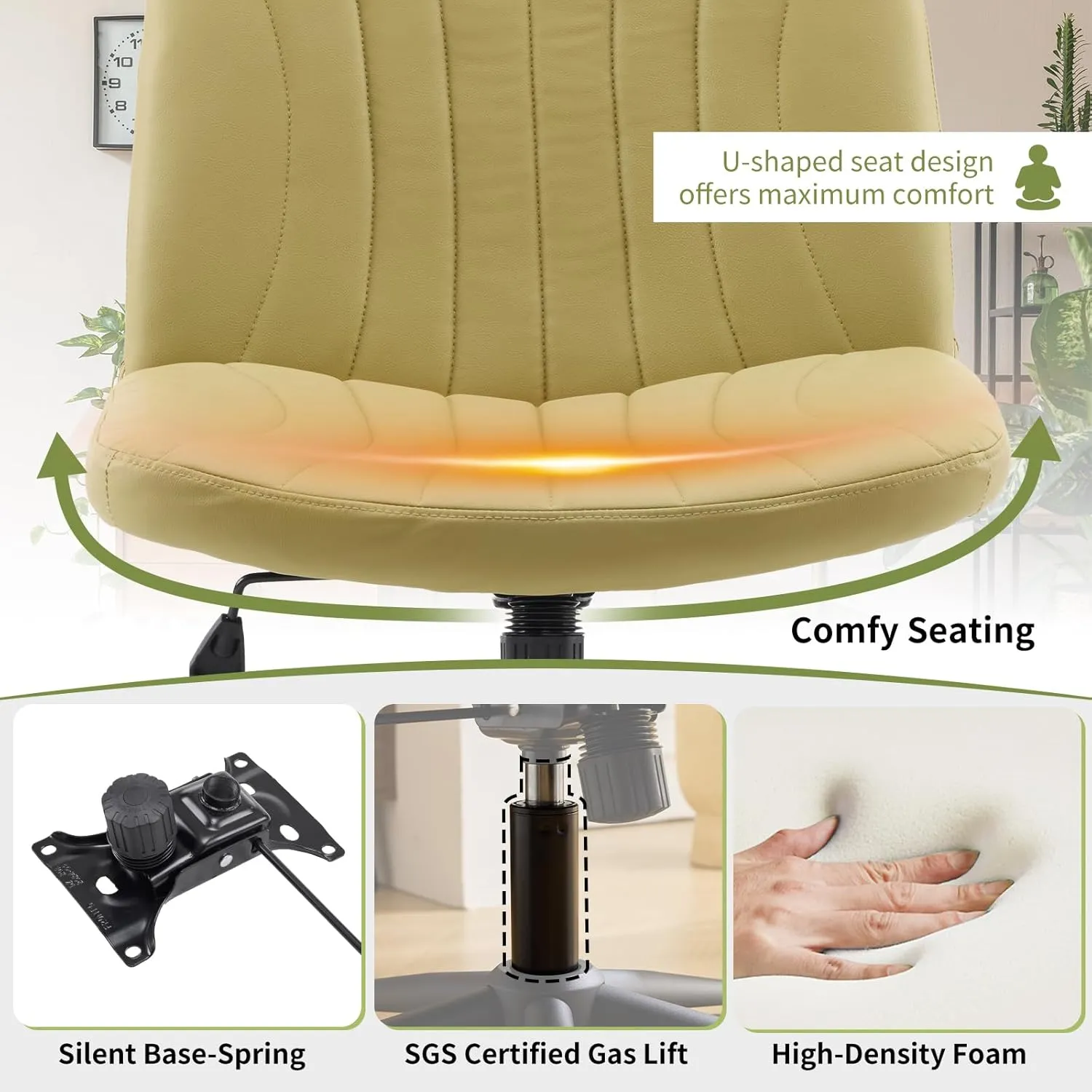 Karl home Criss Cross Chair Armless Desk Chair with Wheels Cross Legged Office Swivel Chair Wide Adjustable Comfy Padded Vanity Chair with Dual Purpose Base, PU Avocado Green