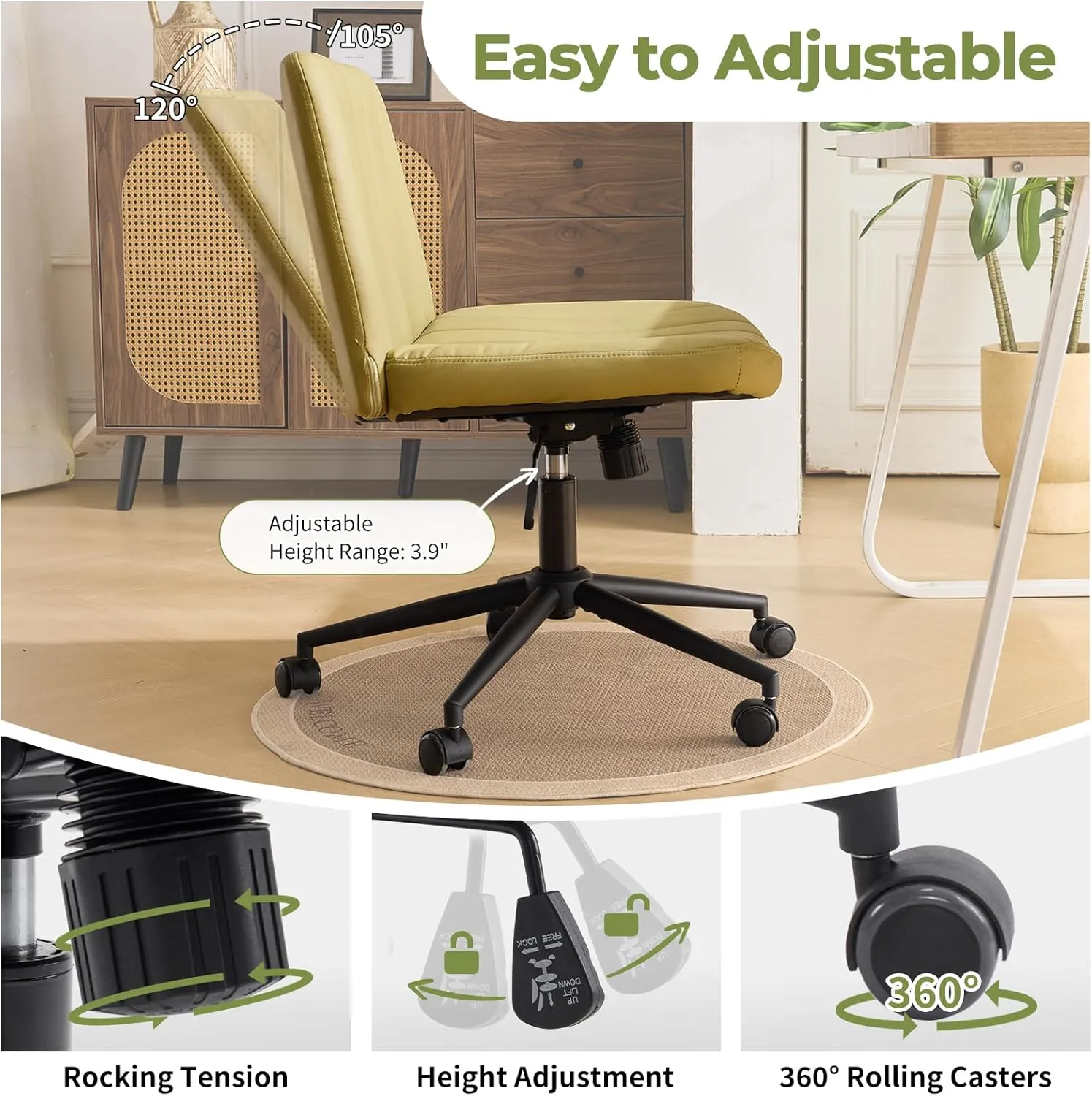 Karl home Criss Cross Chair Armless Desk Chair with Wheels Cross Legged Office Swivel Chair Wide Adjustable Comfy Padded Vanity Chair with Dual Purpose Base, PU Avocado Green