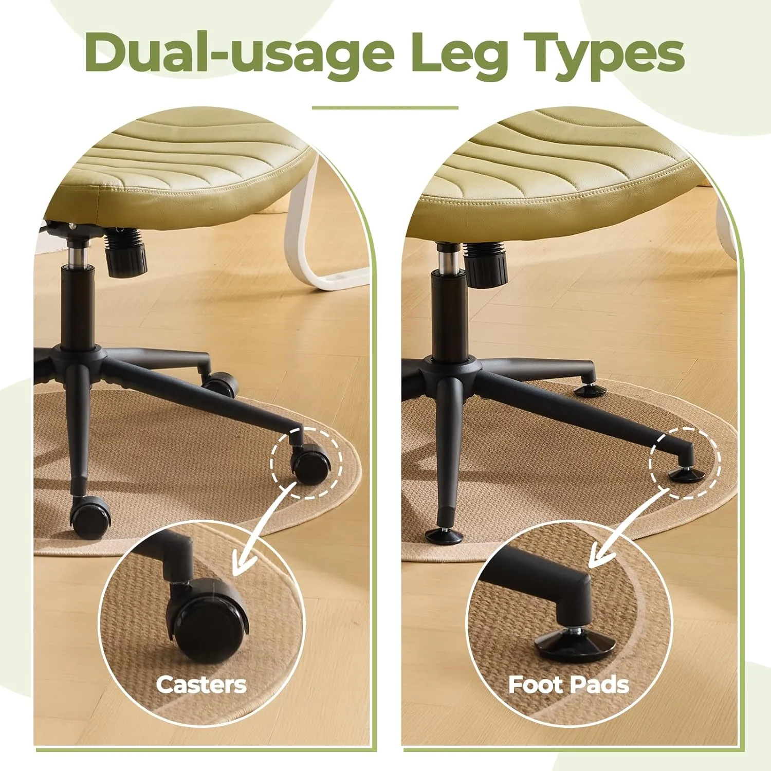 Karl home Criss Cross Chair Armless Desk Chair with Wheels Cross Legged Office Swivel Chair Wide Adjustable Comfy Padded Vanity Chair with Dual Purpose Base, PU Avocado Green