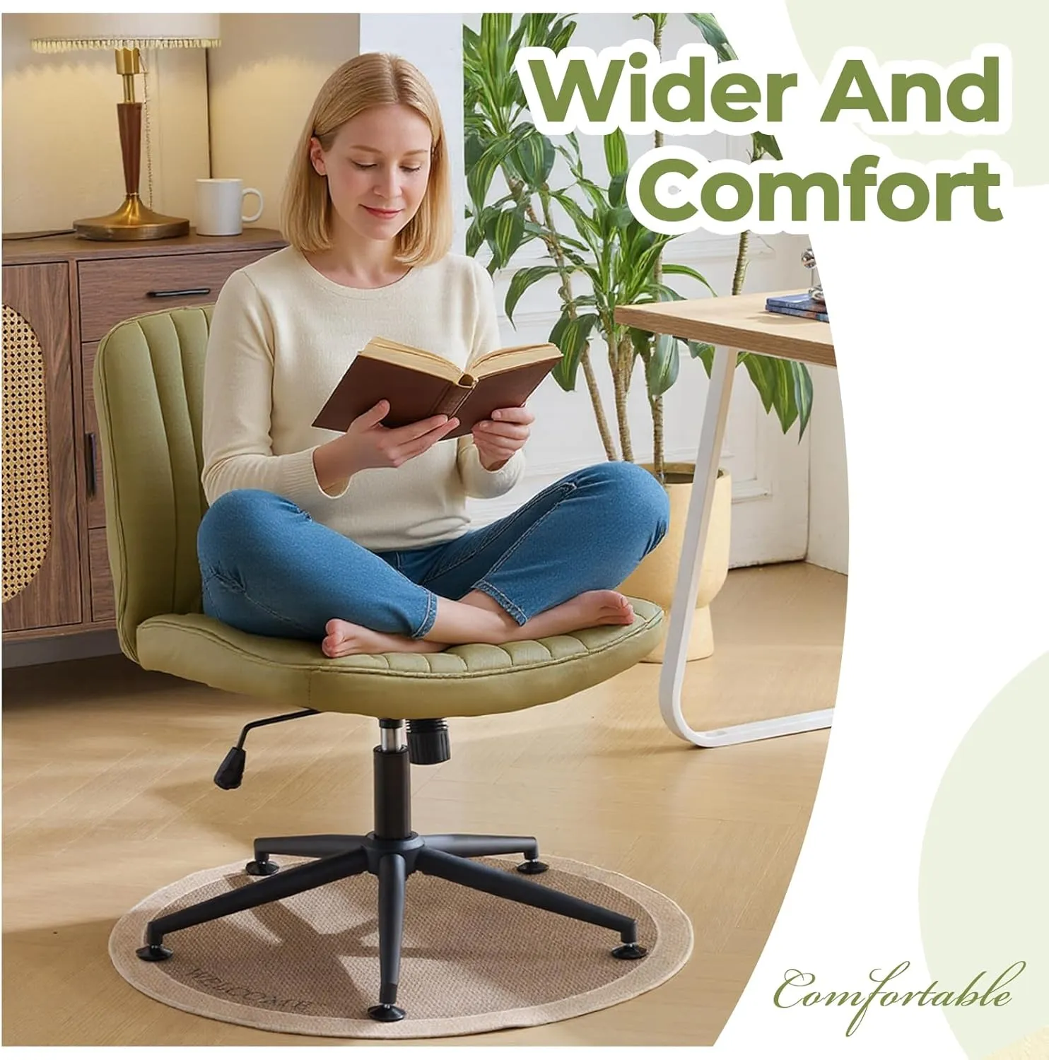 Karl home Criss Cross Chair Armless Desk Chair with Wheels Cross Legged Office Swivel Chair Wide Adjustable Comfy Padded Vanity Chair with Dual Purpose Base, PU Avocado Green