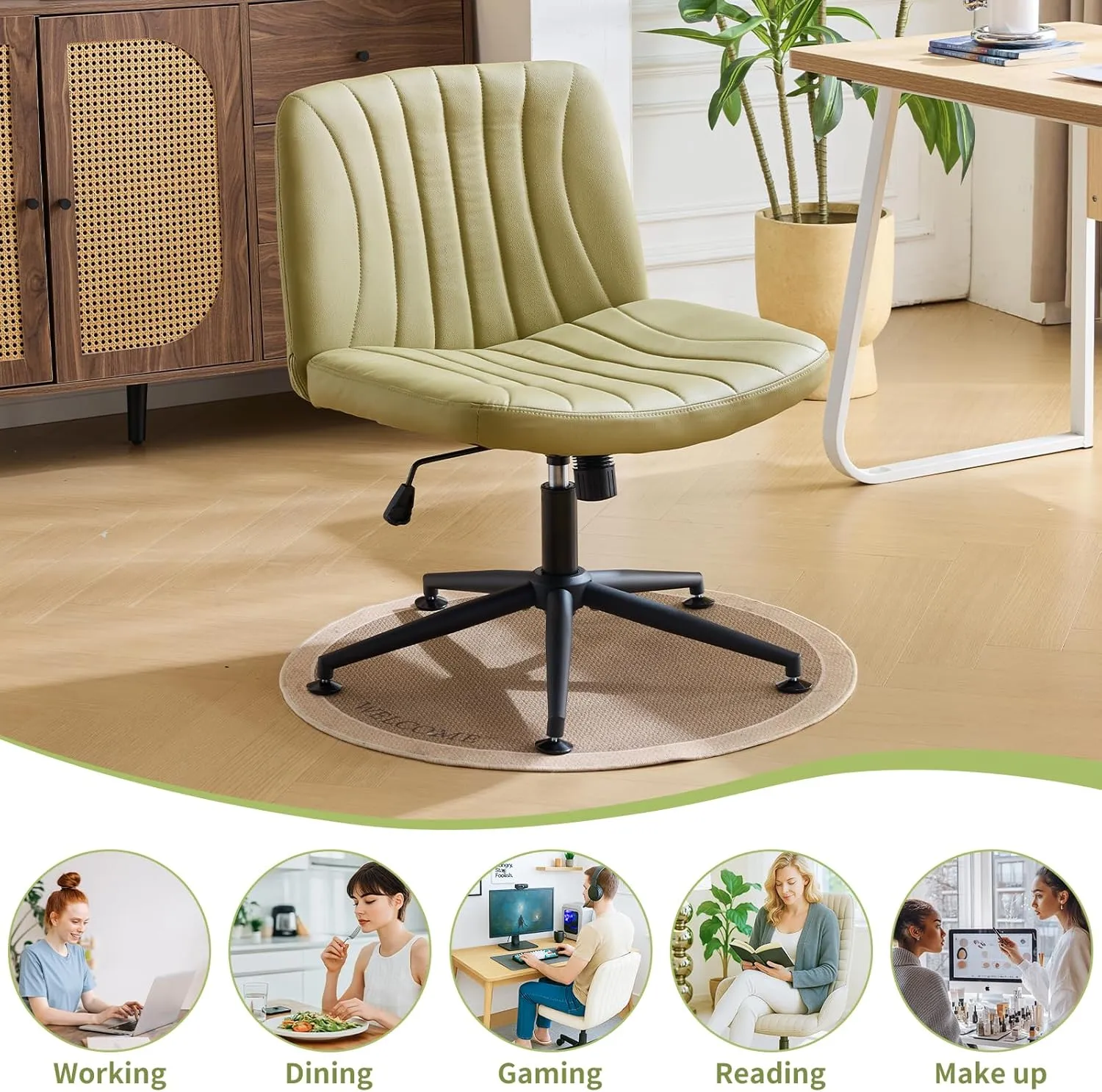 Karl home Criss Cross Chair Armless Desk Chair with Wheels Cross Legged Office Swivel Chair Wide Adjustable Comfy Padded Vanity Chair with Dual Purpose Base, PU Avocado Green