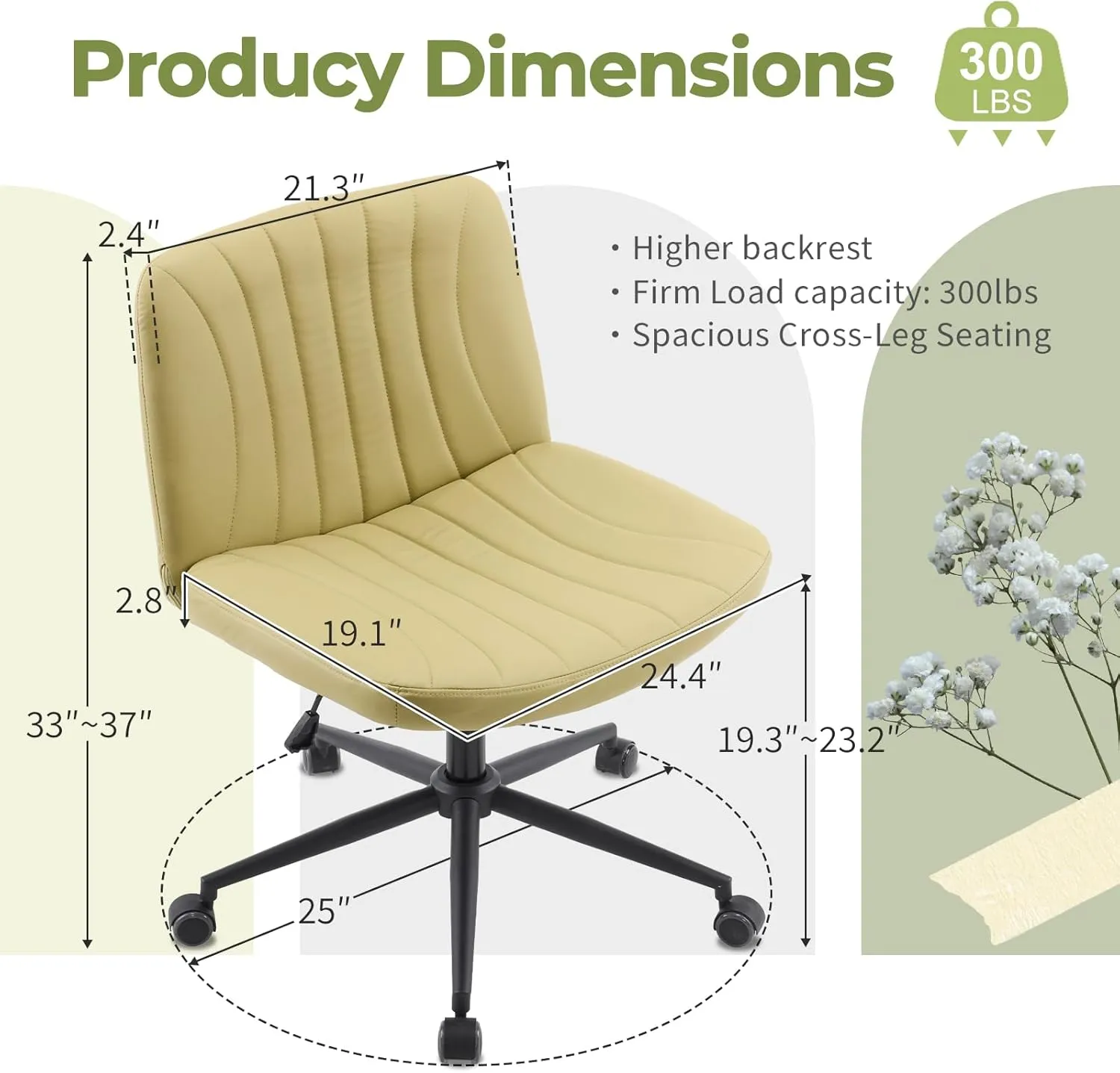 Karl home Criss Cross Chair Armless Desk Chair with Wheels Cross Legged Office Swivel Chair Wide Adjustable Comfy Padded Vanity Chair with Dual Purpose Base, PU Avocado Green