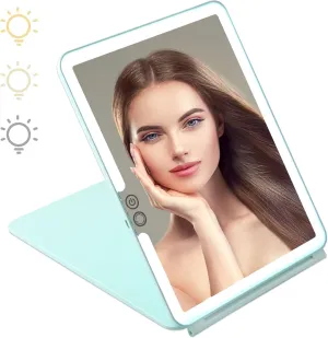 KDKD Folding Travel Mirror Lighted Makeup Mirror with 72 LEDs 3 Colors Light Modes USB Rechargable 2000mA Batteries Ultra Thin Compact Vanity Mirror with Touch Screen Dimming for Cosmetic Green