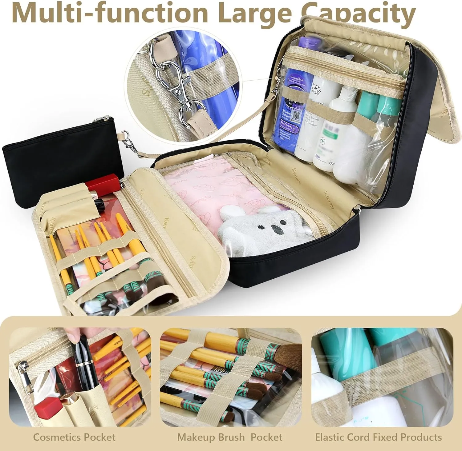 Kemy's Hanging Toiletry Bag for Women, Large Waterproof Travel Toiletry Bags with Small Purse, Multi-function Portable Travel Organizer Makeup Cosmetic Bag for Toiletries Accessories, Brushes Set