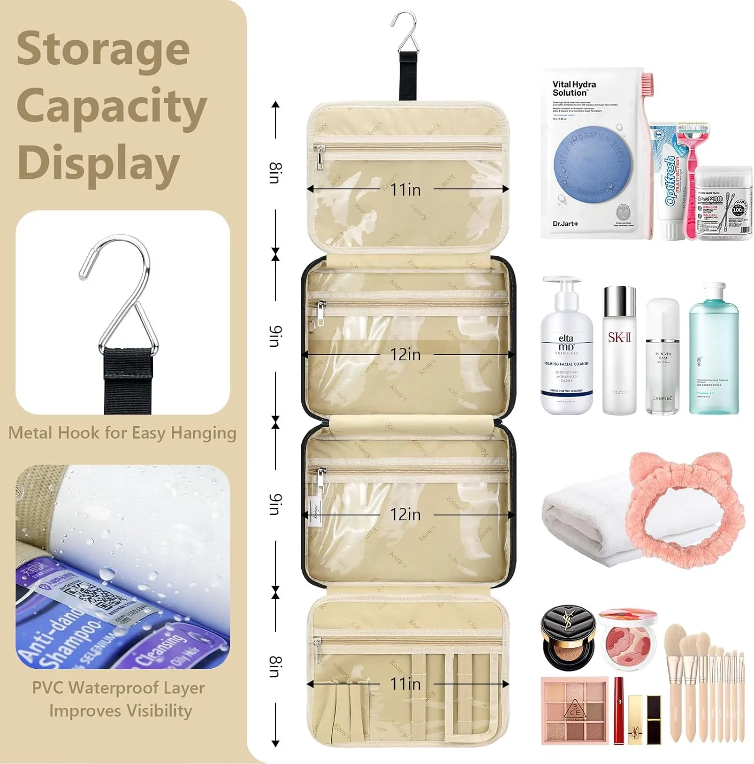 Kemy's Hanging Toiletry Bag for Women, Large Waterproof Travel Toiletry Bags with Small Purse, Multi-function Portable Travel Organizer Makeup Cosmetic Bag for Toiletries Accessories, Brushes Set