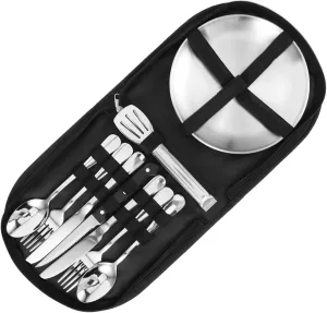 KESYOO 1 Set Outdoor Tableware Set Camping Foldable Dinner Utensil Reusable Kit Portable Cutlery Picnic Travel Suit Forks Silverware Tableware Storage Bag Stainless Steel