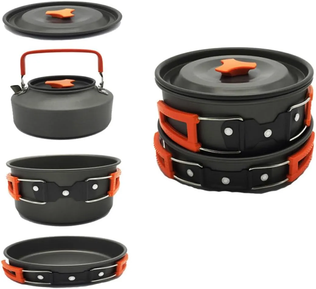 KESYOO 1Set Portable Camping Cookware Person Teapot and Cooking Pan Durable Outdoor Cooking Utensils for BBQ Hiking and Backpacking Orange