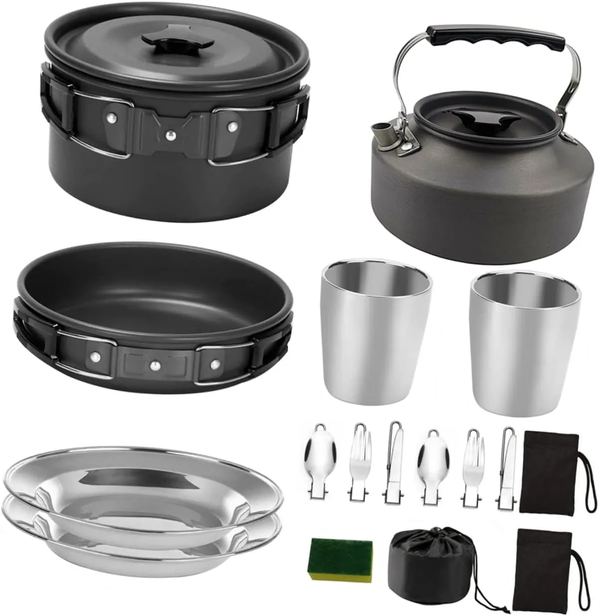 KICHOUSE 2-Person Camping Cookware Set Portable Teapot Outdoor Cooking Utensils Non-Stick Aluminum Folding Fork Spoon Picnic Tableware Style