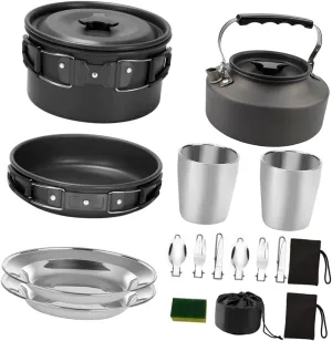 KICHOUSE 2-Person Camping Cookware Set Portable Teapot Outdoor Cooking Utensils Non-Stick Aluminum Folding Fork Spoon Picnic Tableware Style