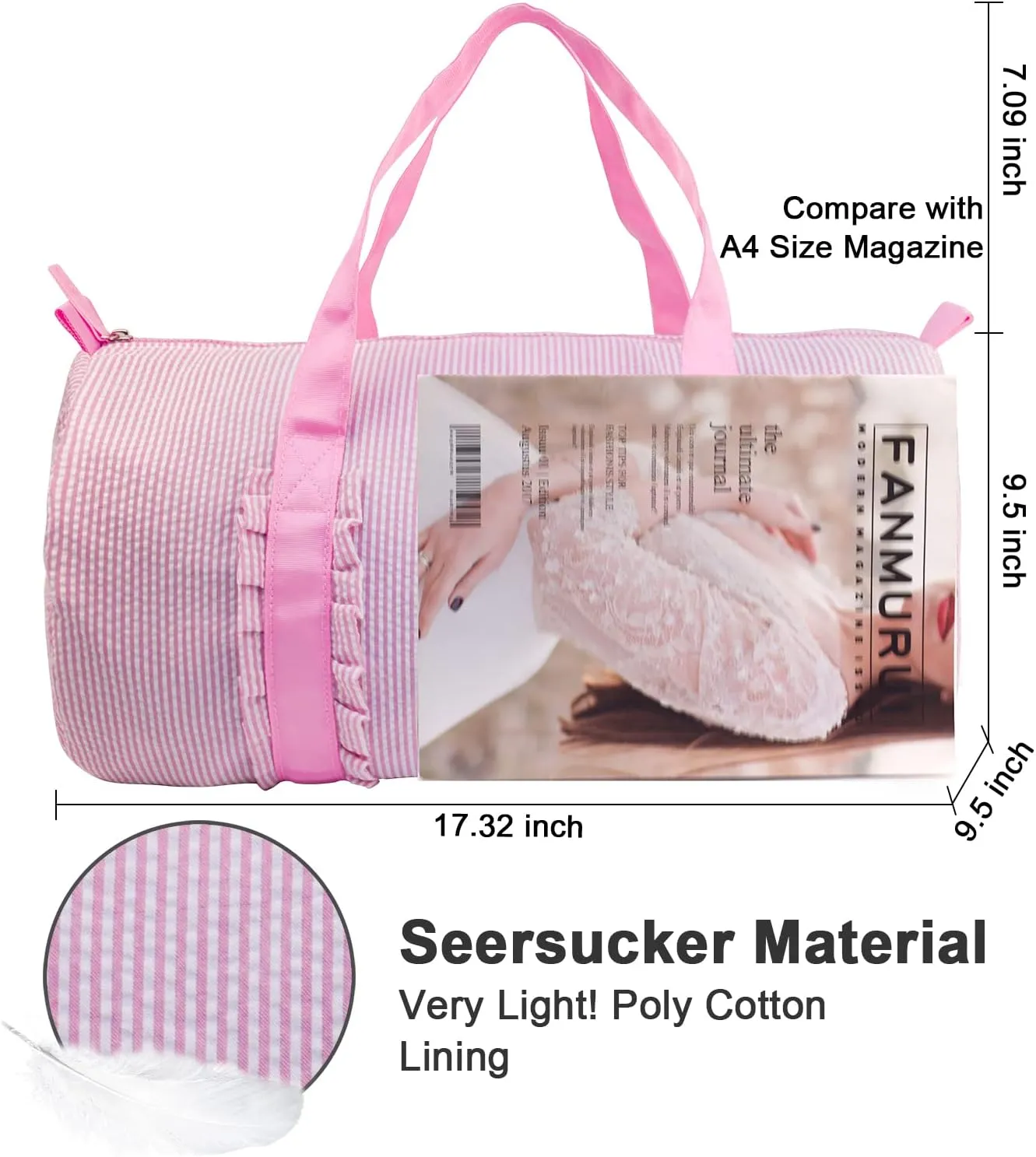 Kids Travel Overnight Bag Seersucker Carry On Lightweight Weekender Duffel Bag for Boys and Girls (Pleated Pink) X-large