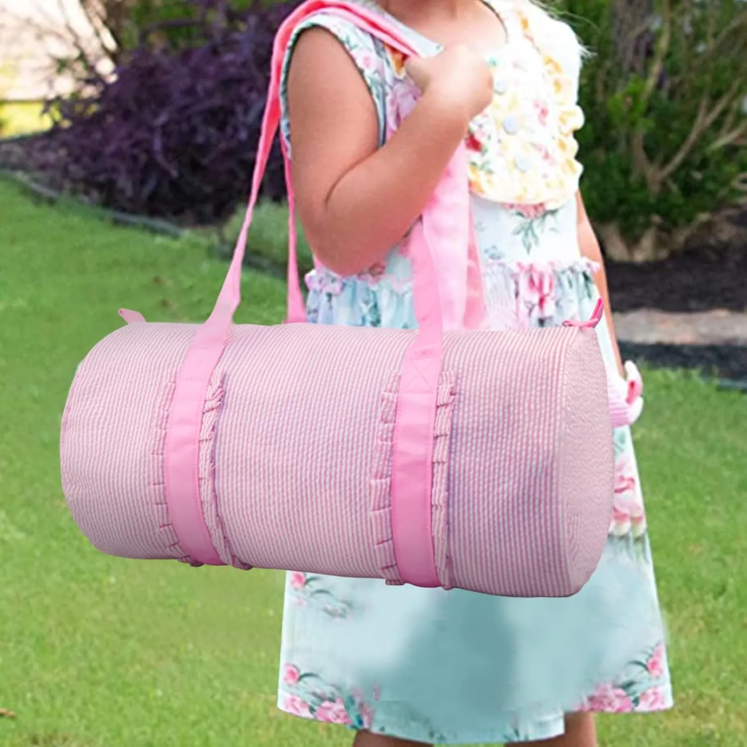 Kids Travel Overnight Bag Seersucker Carry On Lightweight Weekender Duffel Bag for Boys and Girls (Pleated Pink) X-large