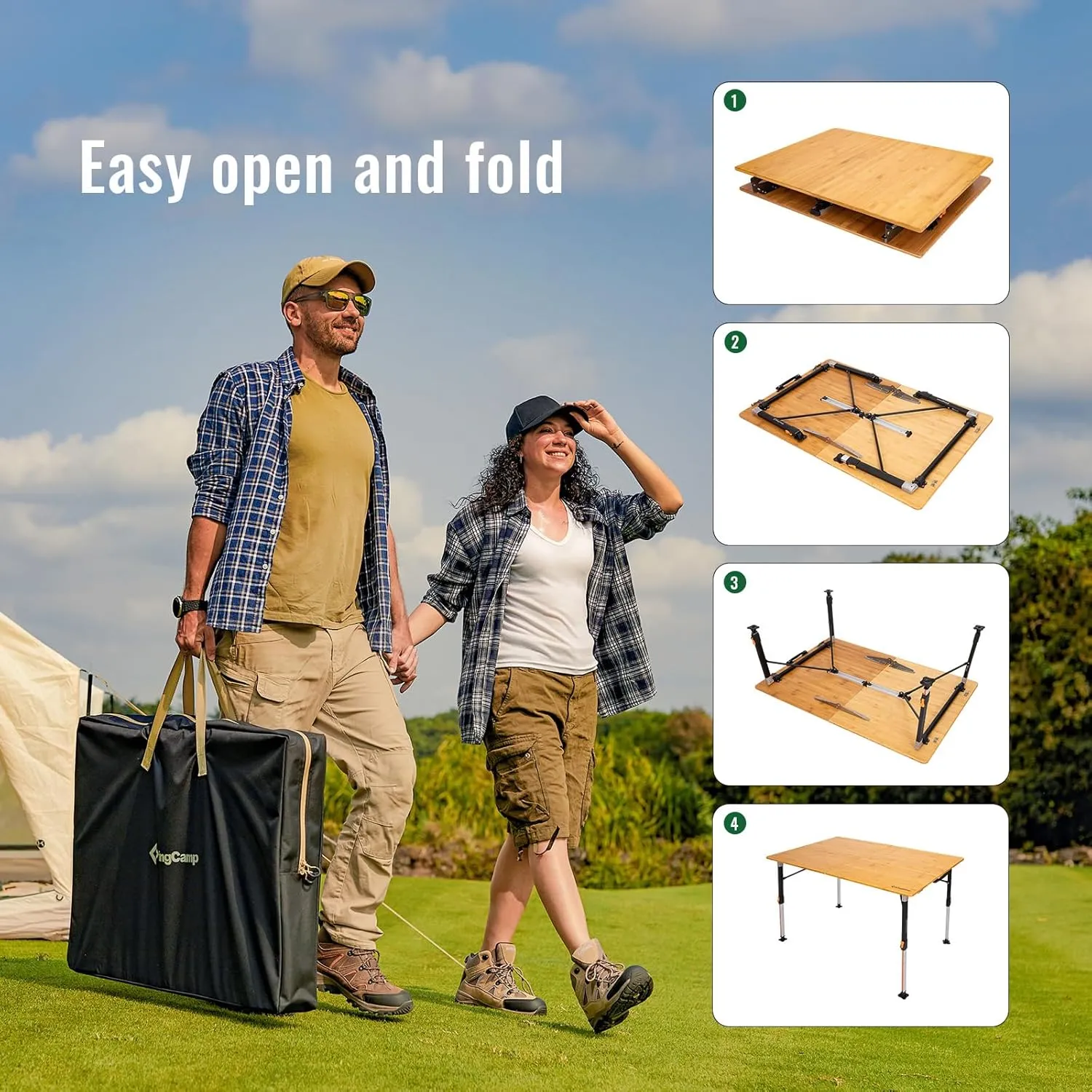 KingCamp Bamboo Folding Table, 4-Fold Camping Adjustable Height Portable Outdoor Lightweight & Compact Table with Aluminum Frame for RV Picnic BBQ Tailgating