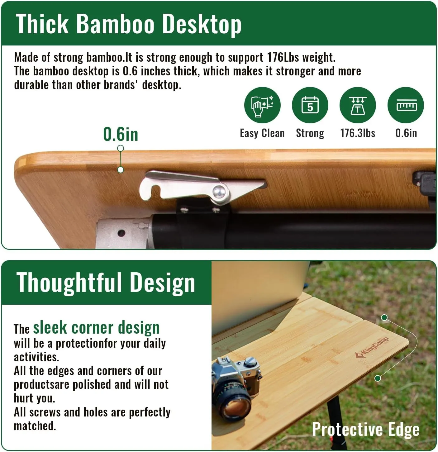 KingCamp Bamboo Folding Table, 4-Fold Camping Adjustable Height Portable Outdoor Lightweight & Compact Table with Aluminum Frame for RV Picnic BBQ Tailgating