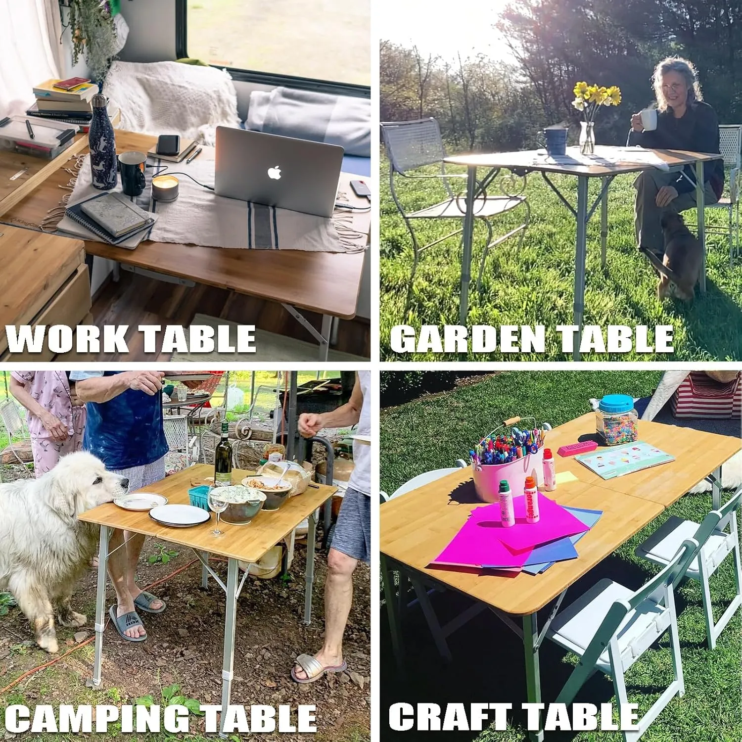 KingCamp Bamboo Folding Table, Camping Outdoor Portable Camp Table with Adjustable Height legs & Carry Bag for Outdoor RV Backyard Picnic Tailgating Beach