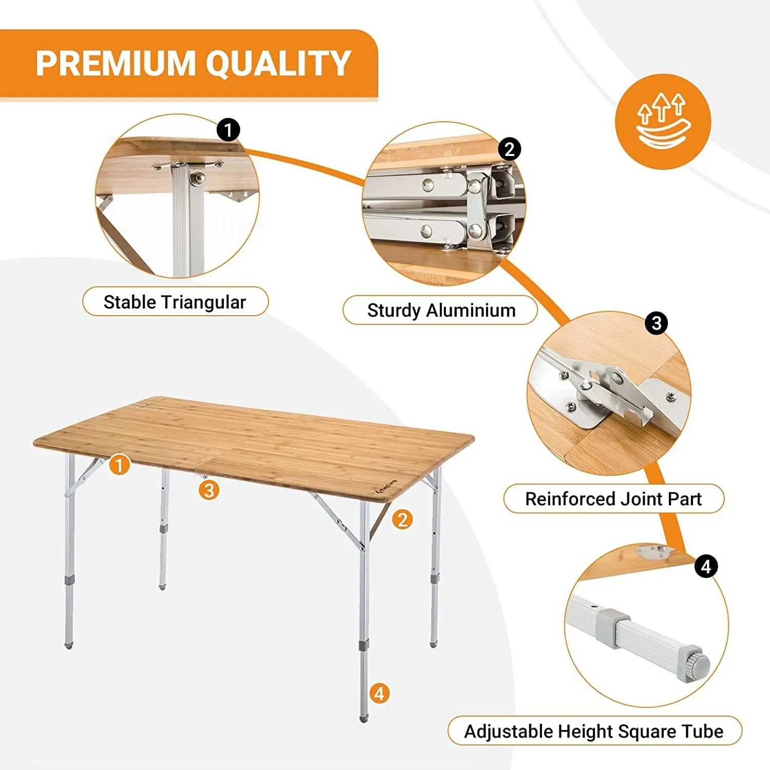 KingCamp Bamboo Folding Table, Camping Outdoor Portable Camp Table with Adjustable Height legs & Carry Bag for Outdoor RV Backyard Picnic Tailgating Beach