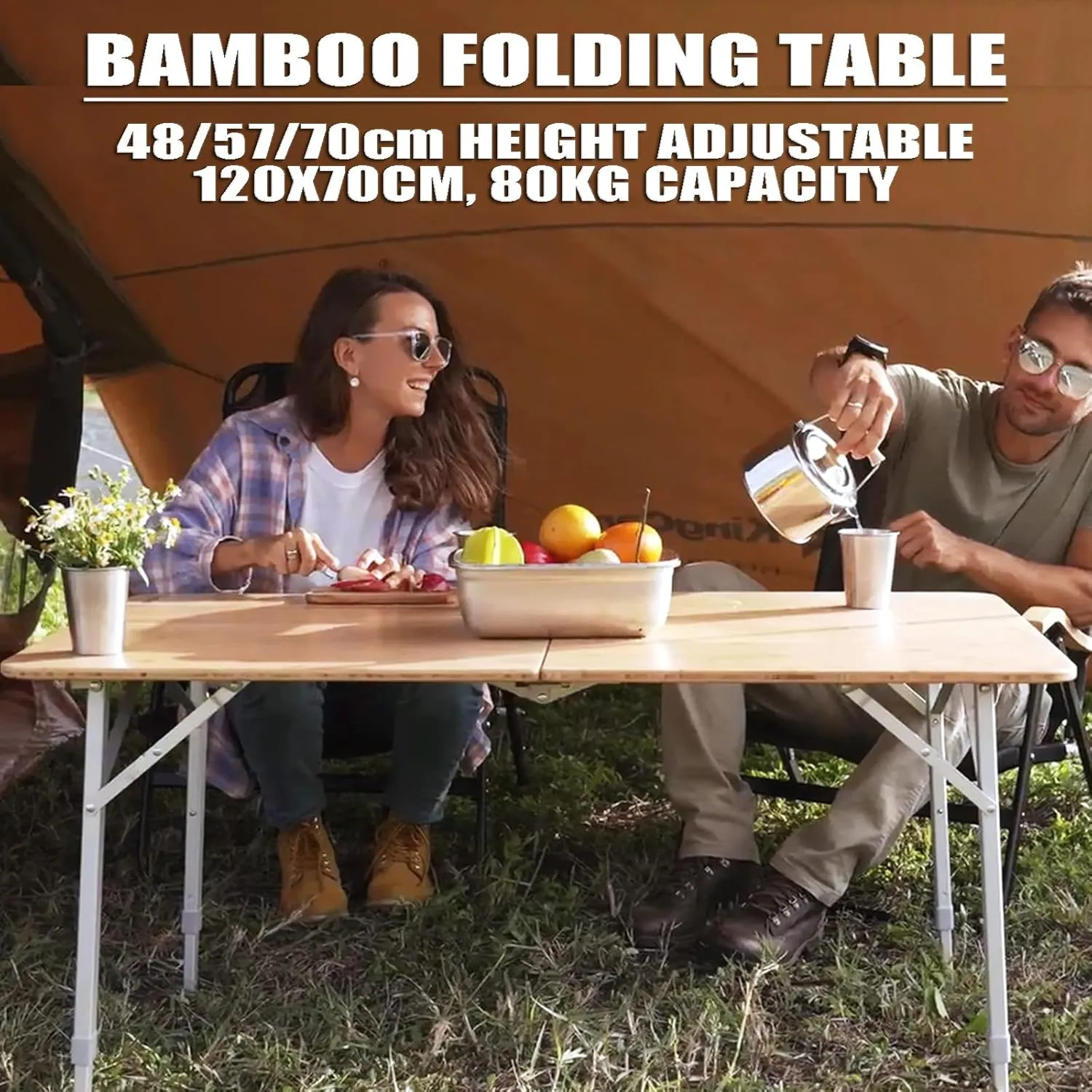KingCamp Bamboo Folding Table, Camping Outdoor Portable Camp Table with Adjustable Height legs & Carry Bag for Outdoor RV Backyard Picnic Tailgating Beach