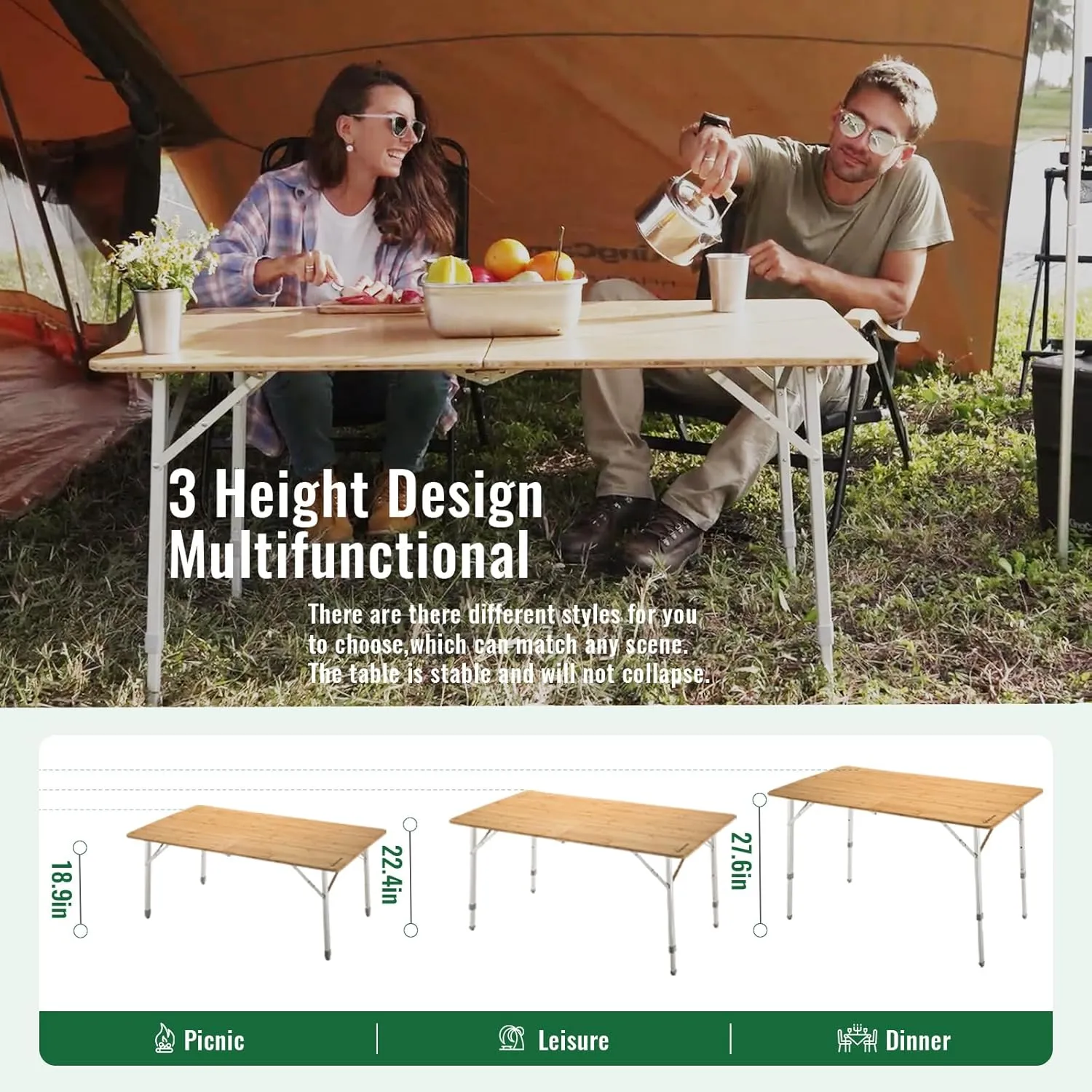 KingCamp Bamboo Folding Table, Camping Outdoor Portable Camp Table with Adjustable Height legs & Carry Bag for Outdoor RV Backyard Picnic Tailgating Beach