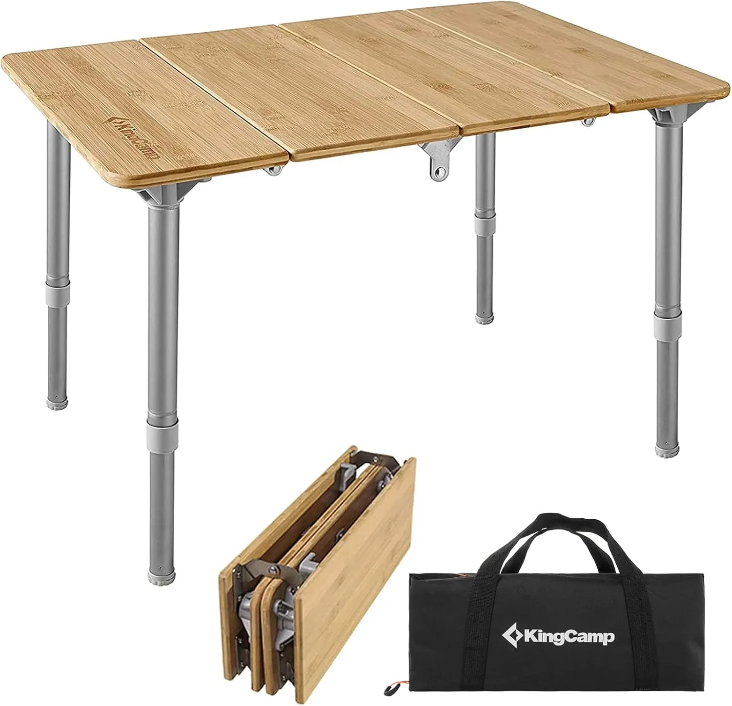 KingCamp Bamboo Folding Table Camping Table with Adjustable Height 4-Folds Compact Small Lightweight Portable Picnic Camp Table for Outdoor Backpacking Beach RV Travel Tailgating Barbecue, 1-2 People